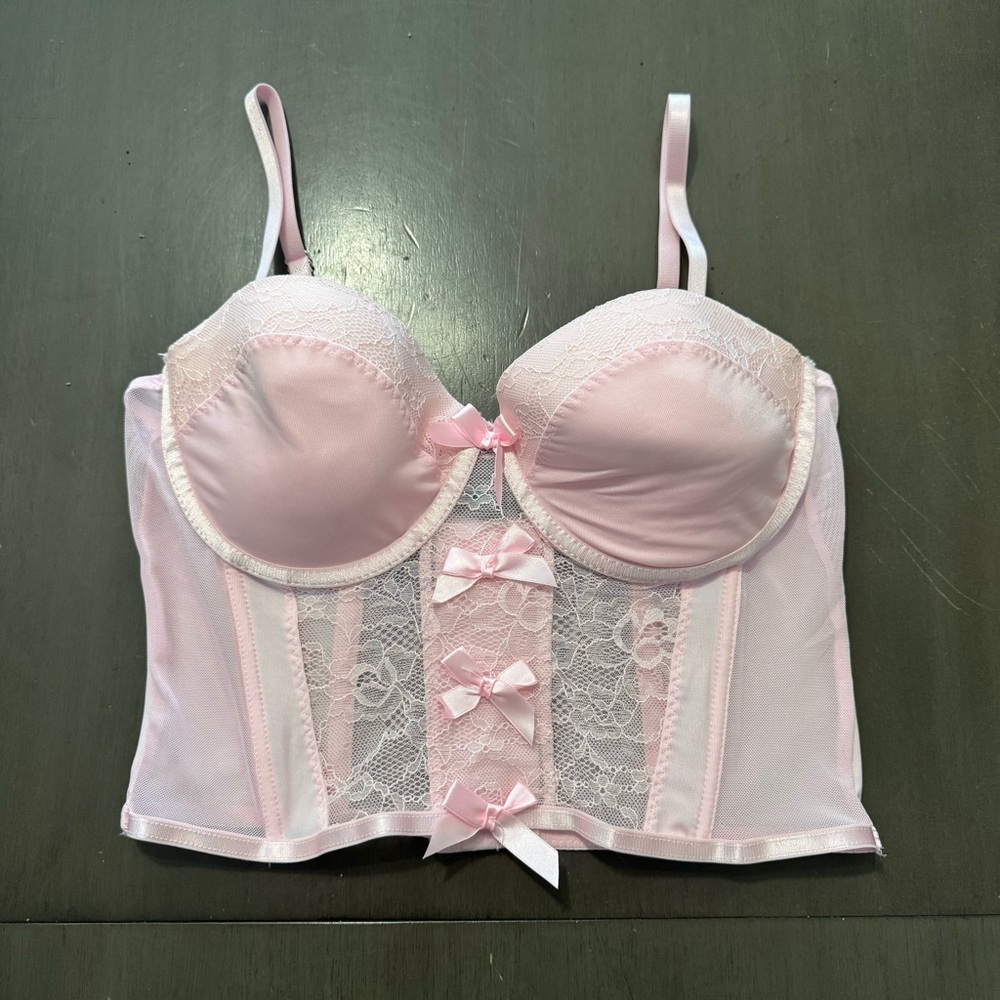 NWT Body Rage Light Pink XL Lace Bow Cropped Corset Cup: 38D-40C/D
